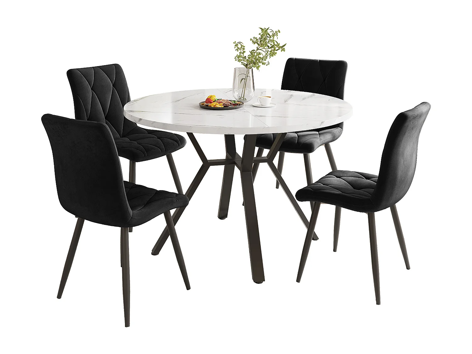Ensemble table a manger ronde 100x100x75 cm + 4 chaises en velours noir - pieds en métal noir