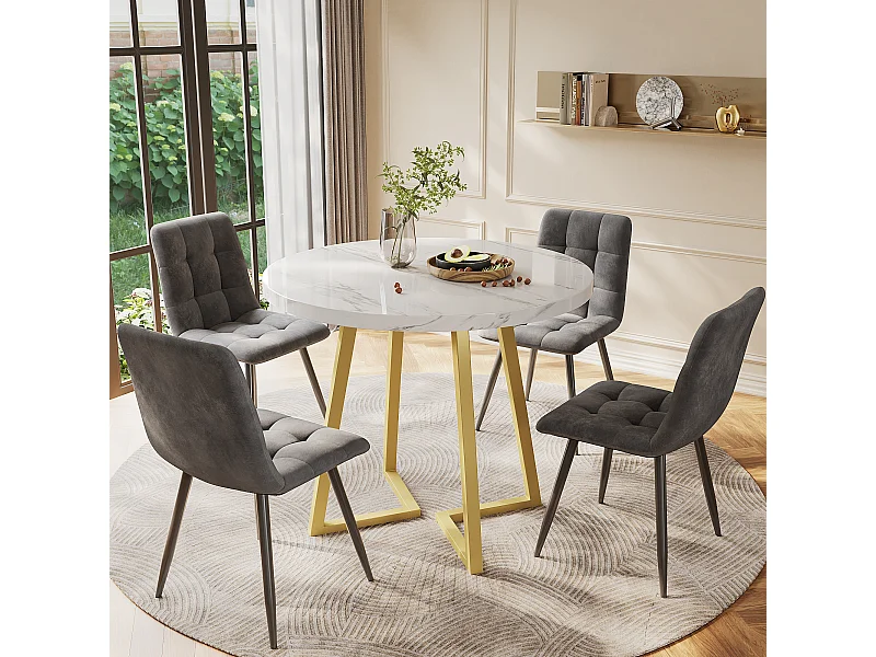 Ensemble table a manger ronde 80x80x75 cm + 4 chaises en velours gris foncé - pieds en métal doré