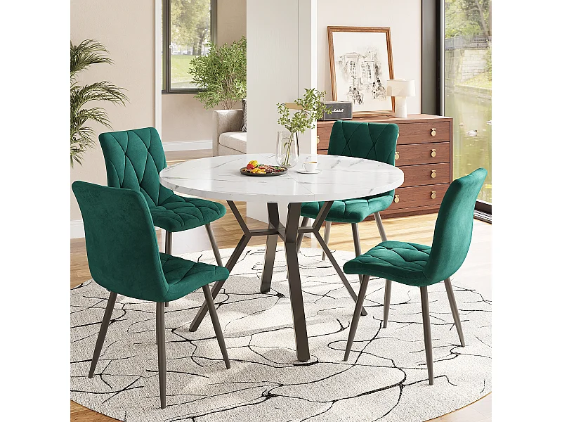 Ensemble table a manger ronde 100x100x75 cm + 4 chaises en velours vert - pieds en métal noir