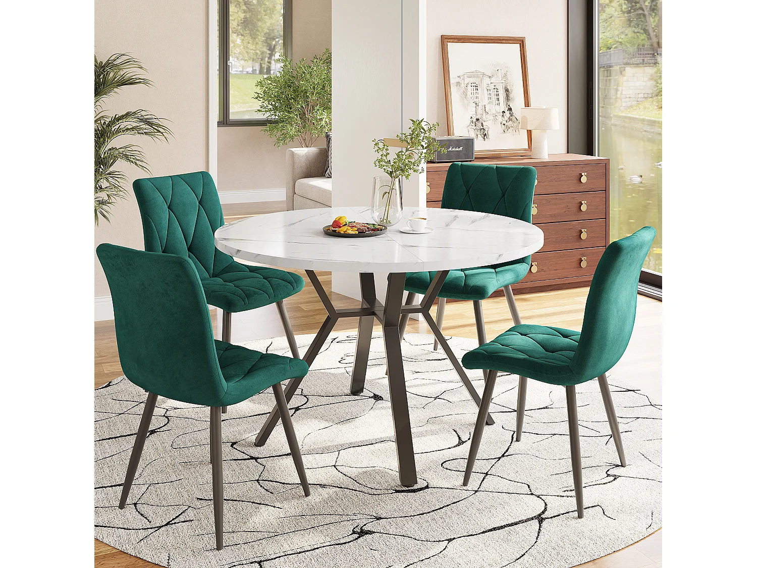 Ensemble table a manger ronde 100x100x75 cm + 4 chaises en velours vert - pieds en métal noir