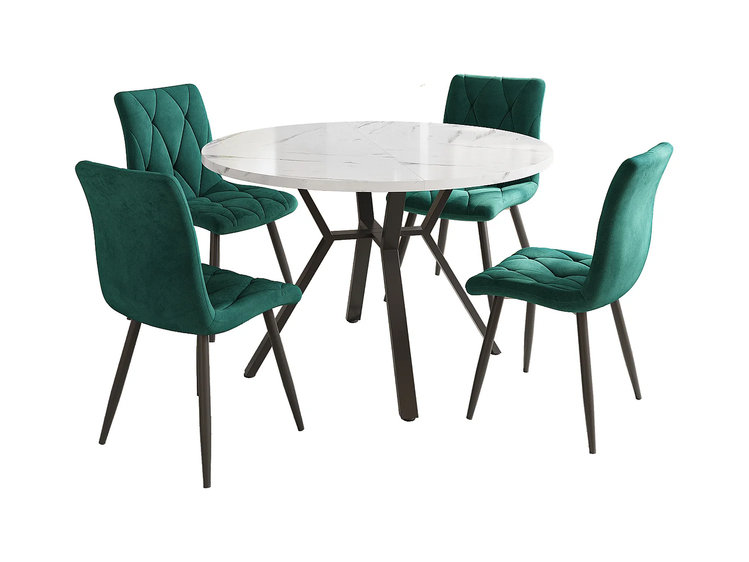 Ensemble table a manger ronde 100x100x75 cm + 4 chaises en velours vert - pieds en métal noir