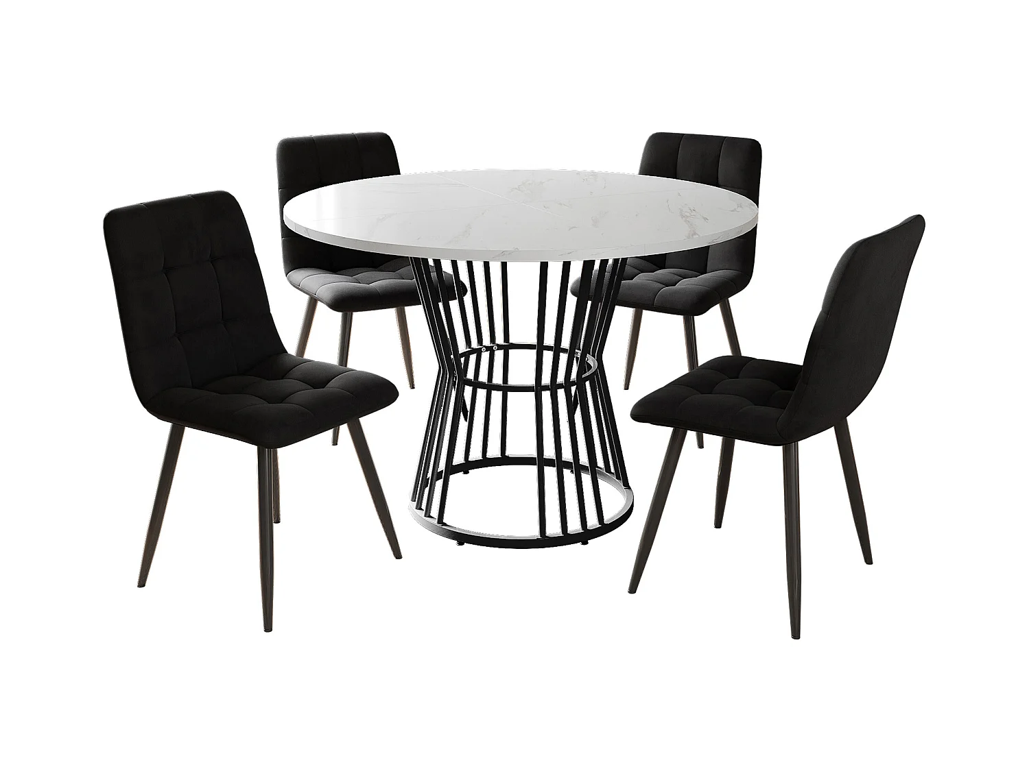 Ensemble table a manger ronde 100x100x75 cm + 4 chaises en velours noir - pieds en métal noir