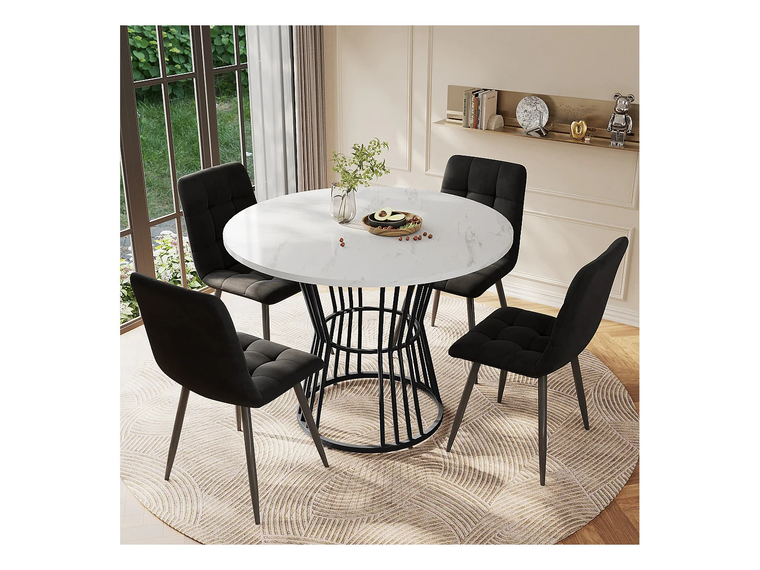 Ensemble table a manger ronde (100x100x75 cm) + 4 chaises en velours noir - pieds en métal noir