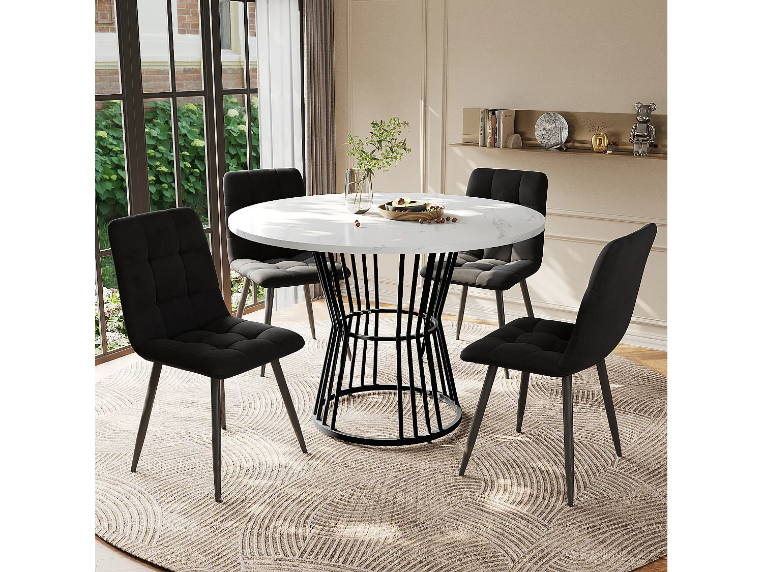 Conjunto de mesa de comedor redonda (100x100x75 cm) + 4 sillas de terciopelo negro - patas de metal negro