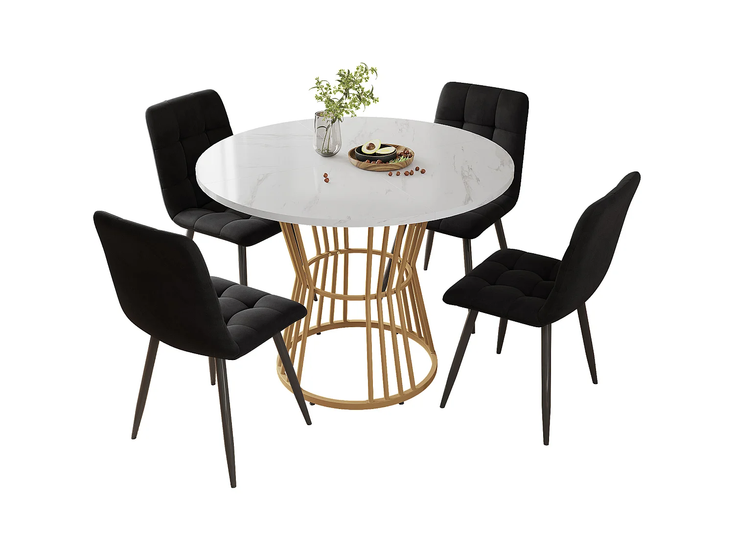 Ensemble table a manger ronde 100x100x75 cm + 4 chaises en velours noir - pieds en métal doré
