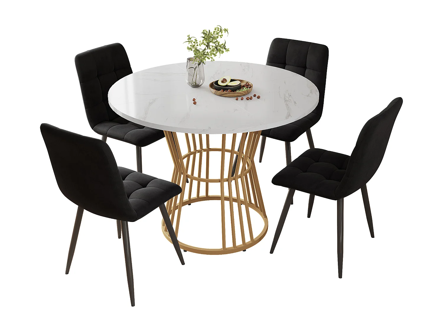 Ensemble table a manger ronde 100x100x75 cm + 4 chaises en velours noir - pieds en métal doré
