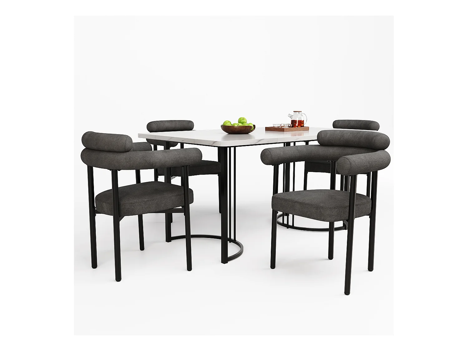 Ensemble table a manger 140x80x75 cm + 4 fauteuilss en velours gris foncé - pieds en métal noir