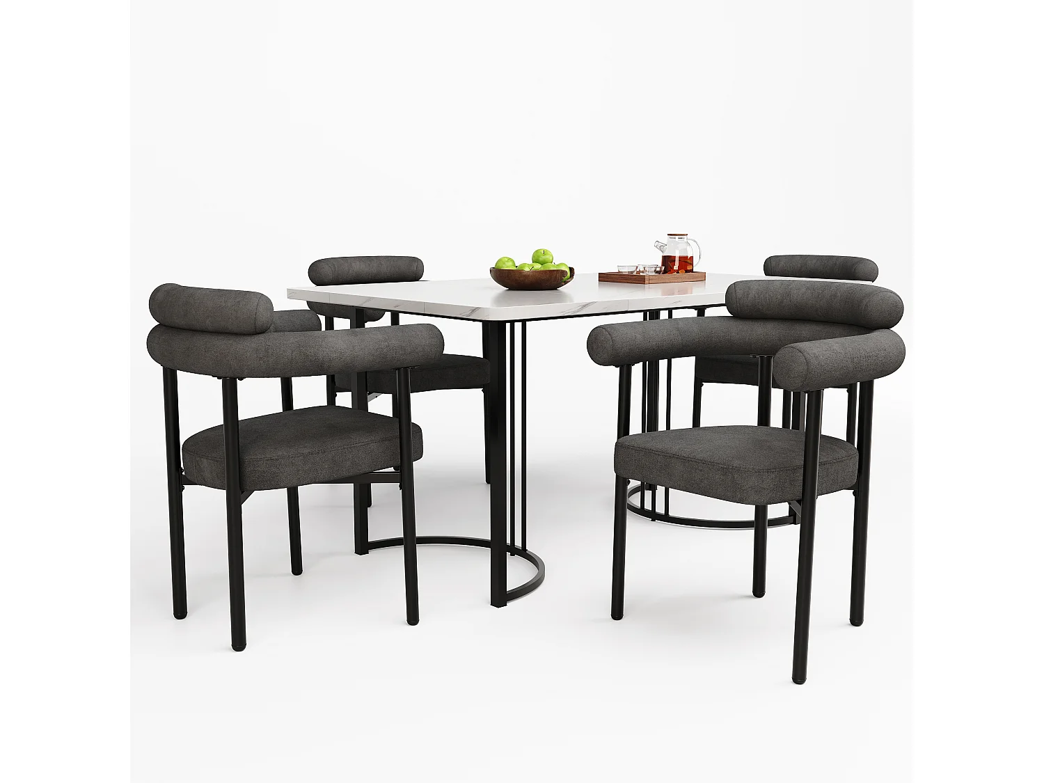 Ensemble table a manger 140x80x75 cm + 4 fauteuilss en velours gris foncé - pieds en métal noir