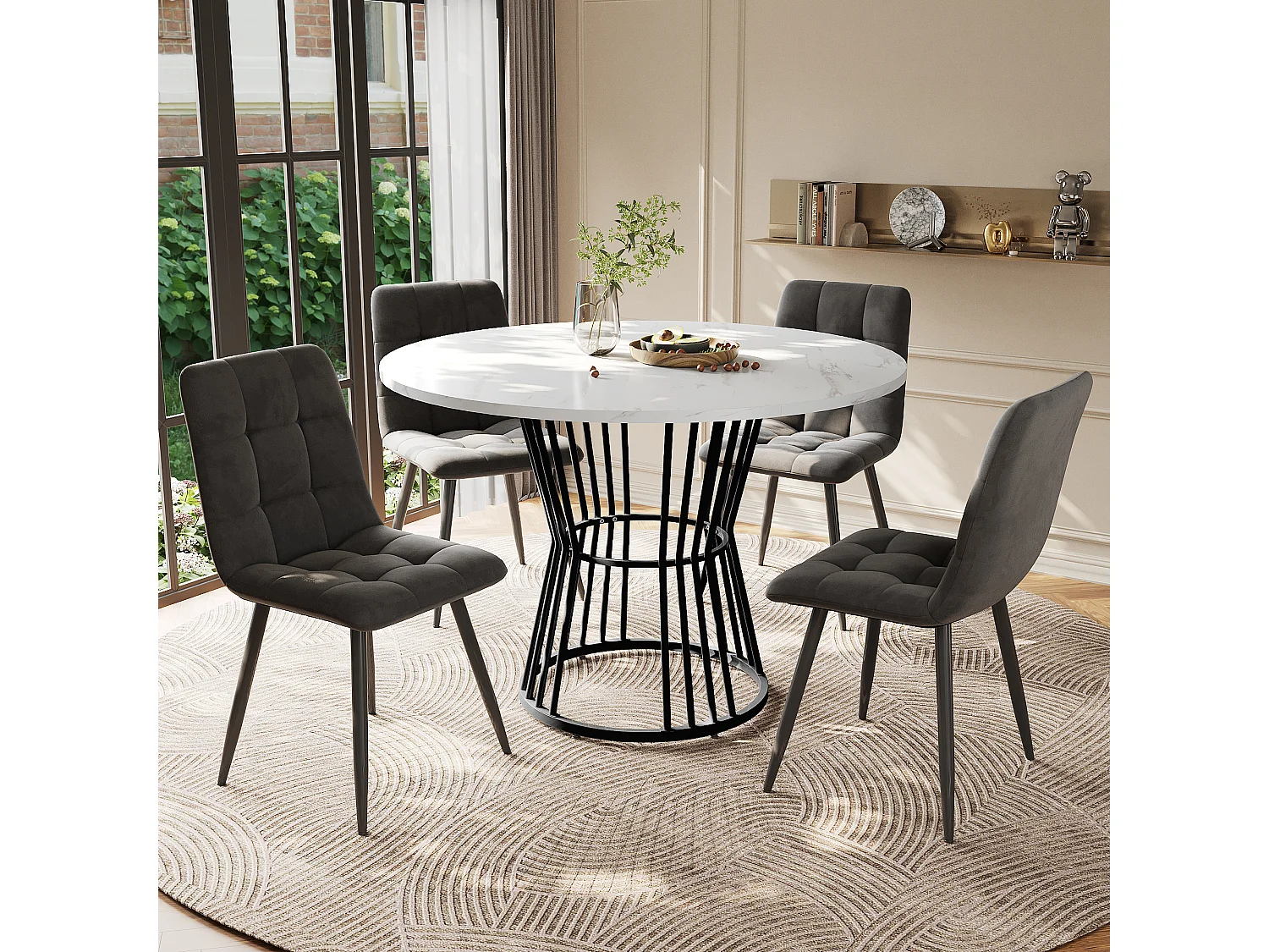 Ensemble table a manger ronde 100x100x75 cm + 4 chaises en velours gris foncé - pieds en métal noir