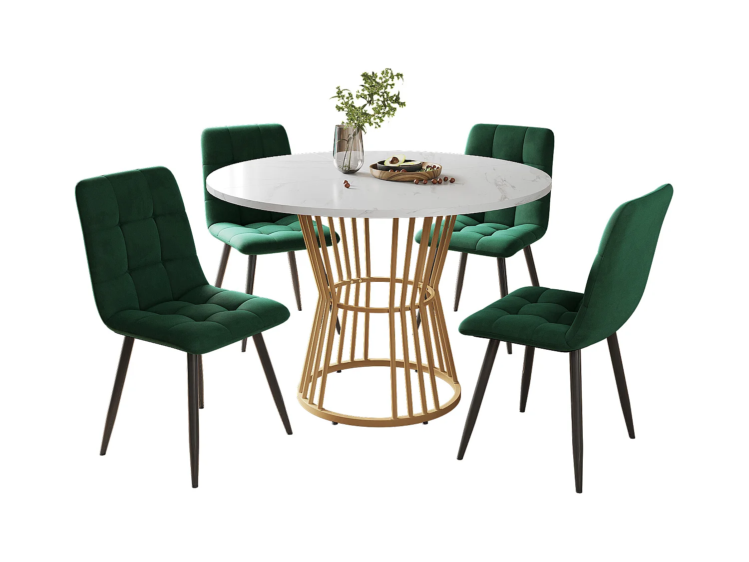 Ensemble table a manger ronde 100x100x75 cm + 4 chaises en velours vert - pieds en métal doré