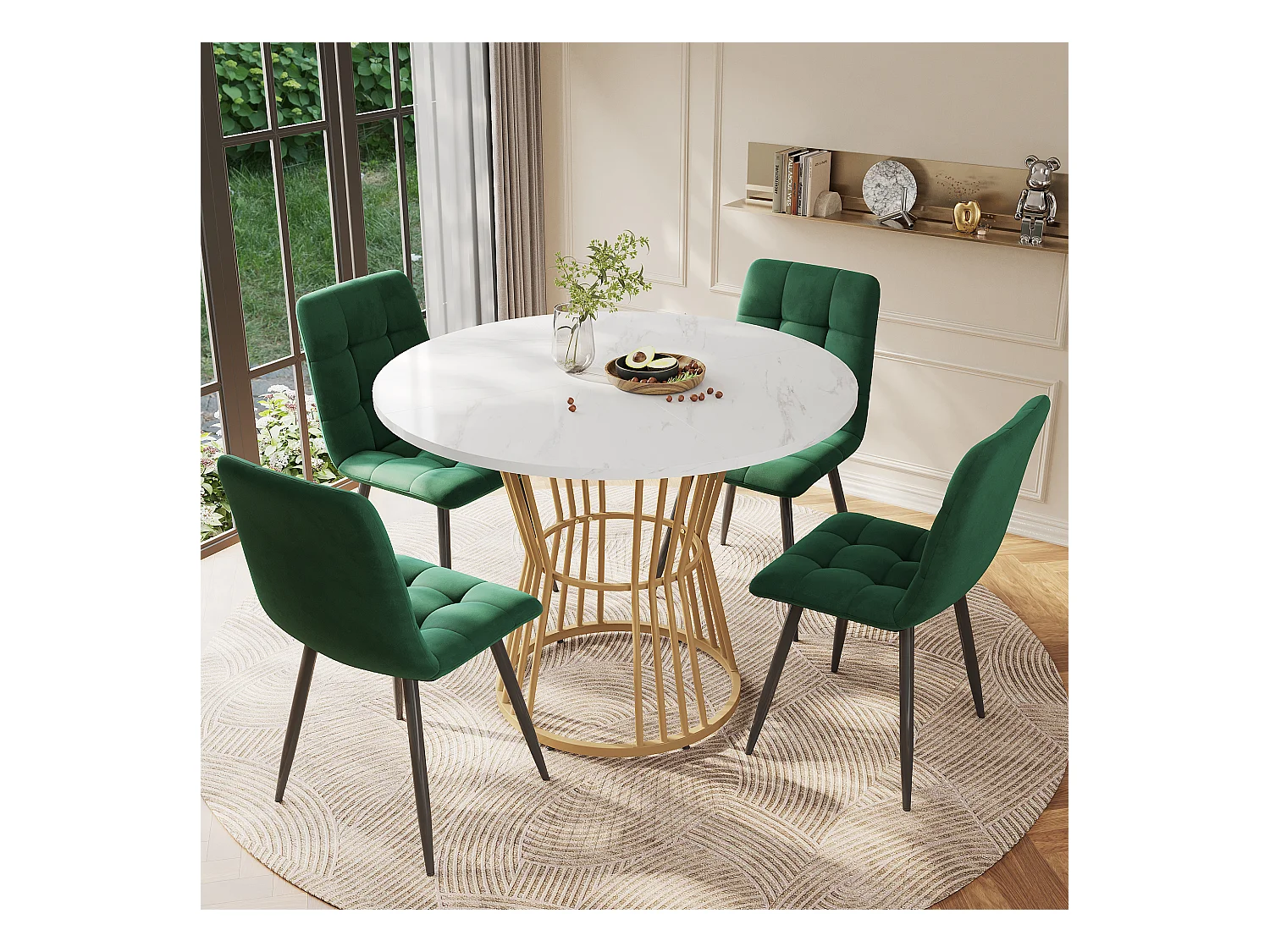 Ensemble table a manger ronde (100x100x75 cm) + 4 chaises en velours vert - pieds en métal doré