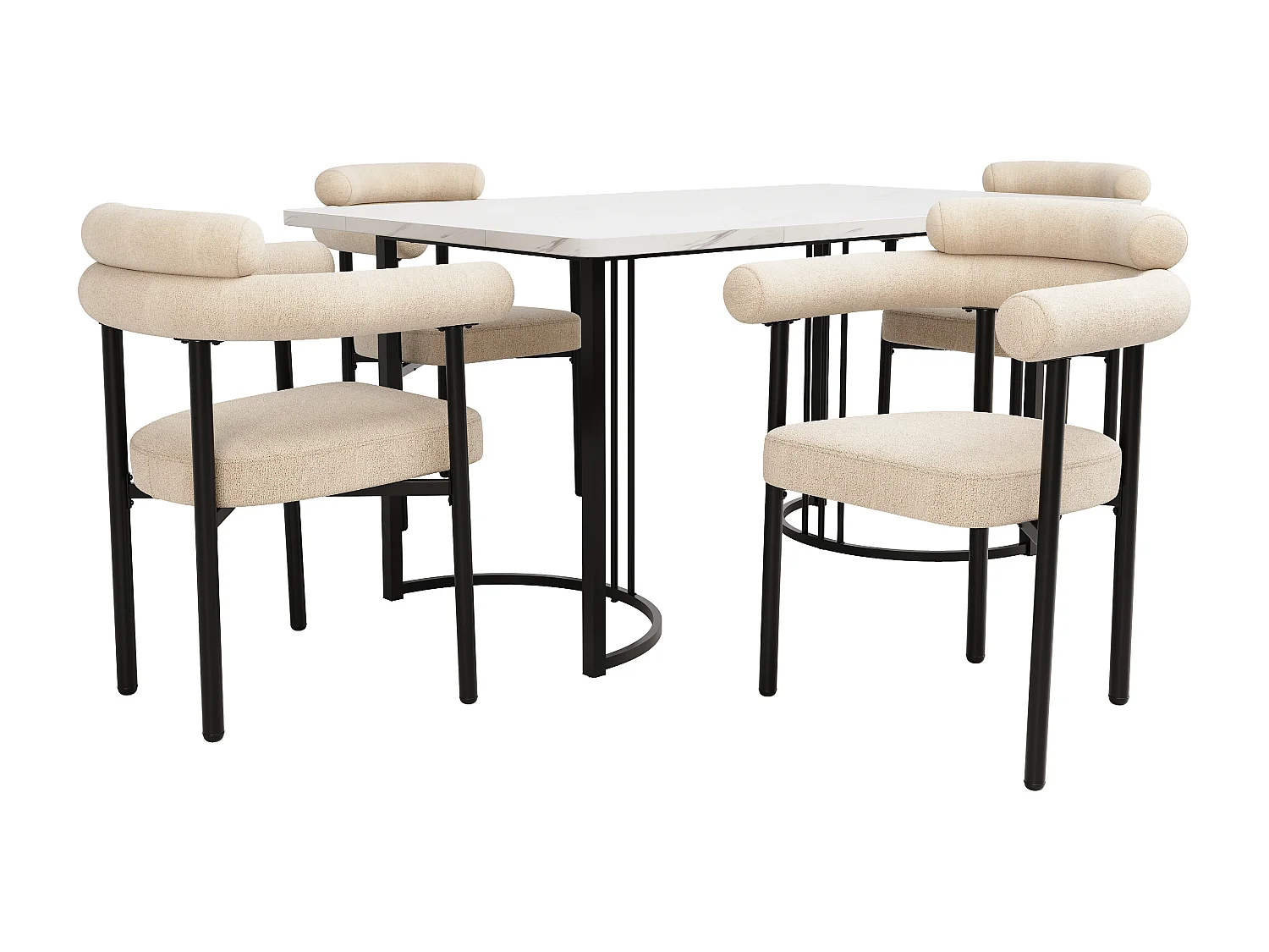 Eettafelset (140x80x75 cm) + 4 beige fluwelen fauteuils - zwarte metalen poten