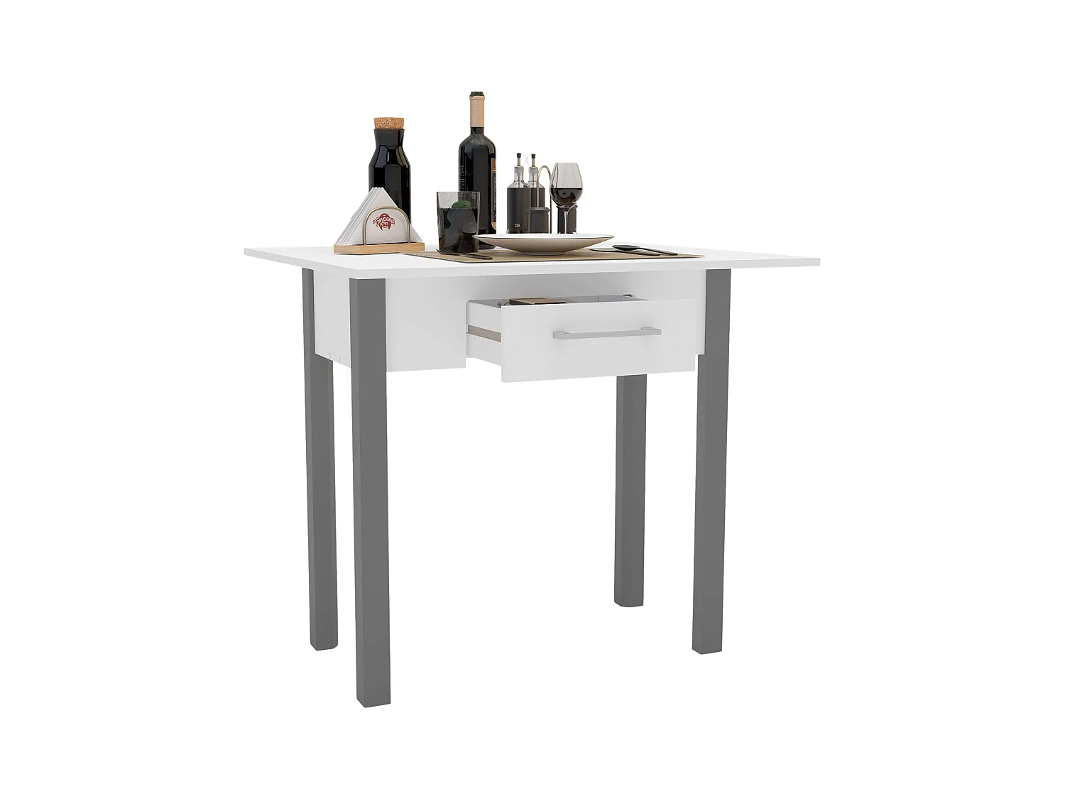 Table de cuisine Sendai avec tiroir pour 2 personnes en mélaminé blanc et gris 80x75x40 cm