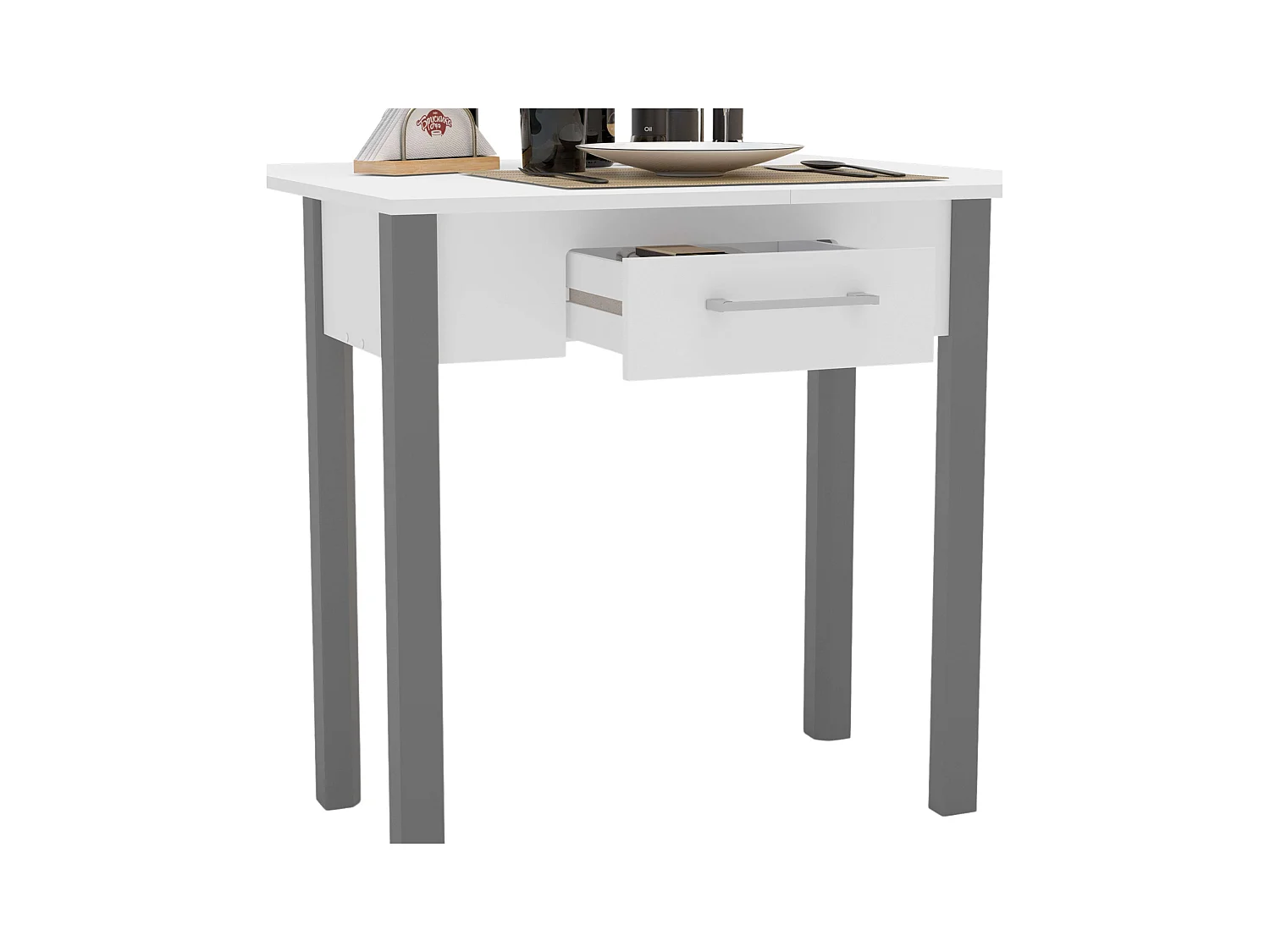 Table de cuisine Sendai avec tiroir pour 2 personnes en mélaminé blanc et gris 80x75x40 cm