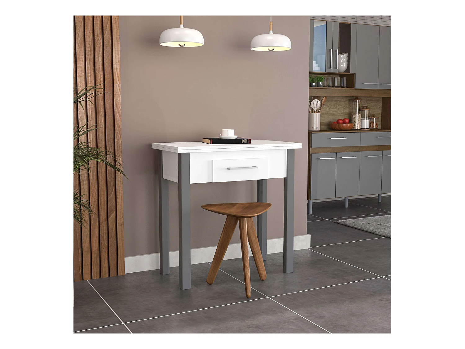 Table de cuisine Sendai avec tiroir pour 2 personnes en mélaminé blanc et gris 80x75x40 cm