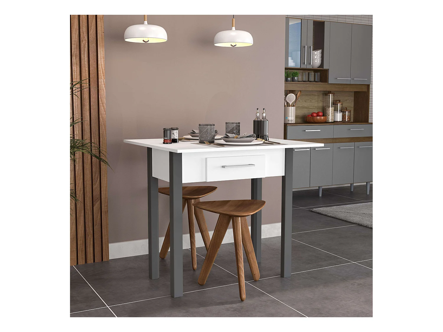 Table de cuisine Sendai avec tiroir pour 2 personnes en mélaminé blanc et gris 80x75x40 cm