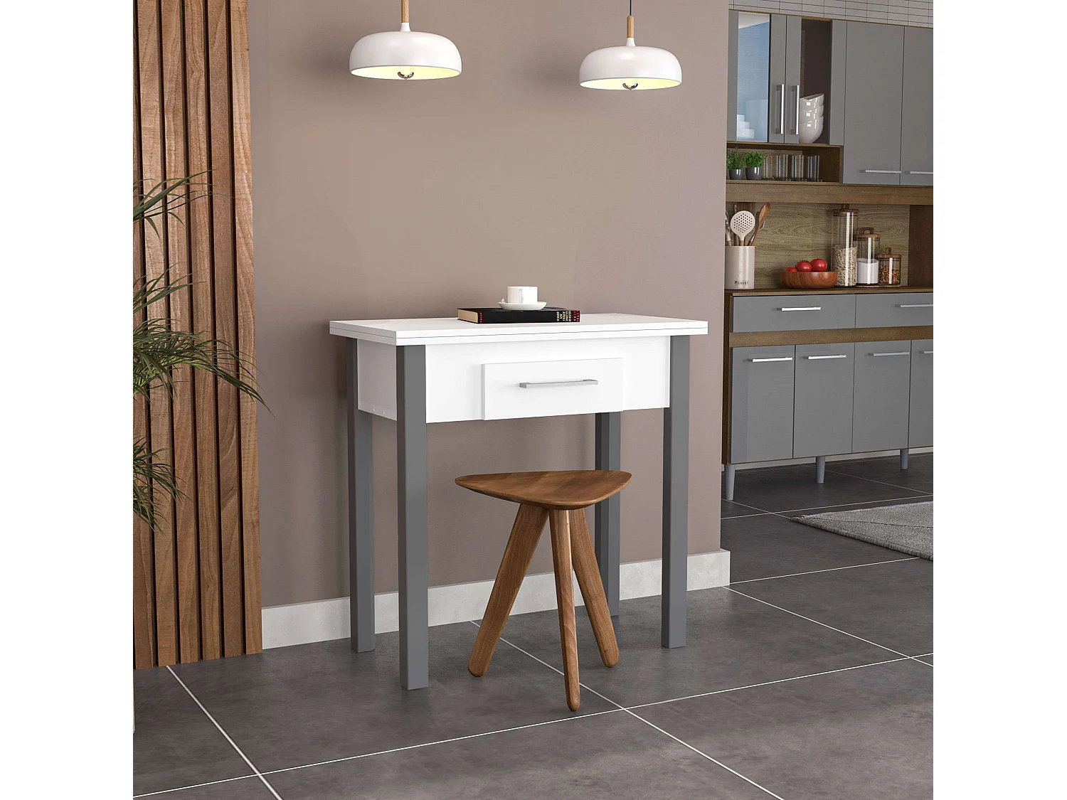 Mesa cocina Sendai con cajón para 2 en blanco y gris melamina 80x75x40 cm