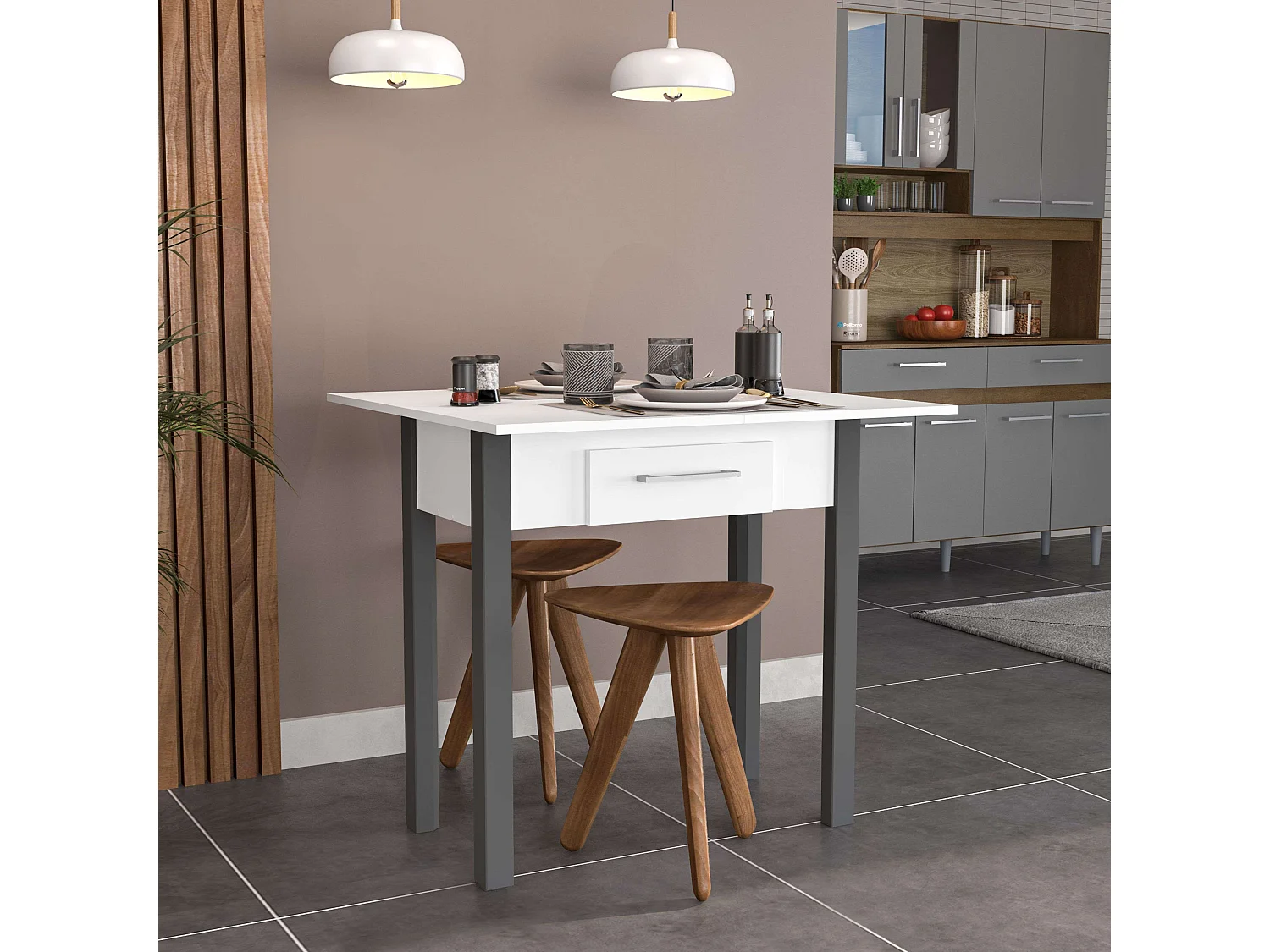 Mesa cocina Sendai con cajón para 2 en blanco y gris melamina 80x75x40 cm