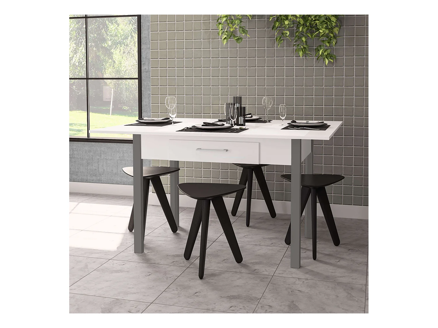 Table de cuisine Sendai 4 places, 2 tiroirs, blanc/gris, 110x75x70 cm