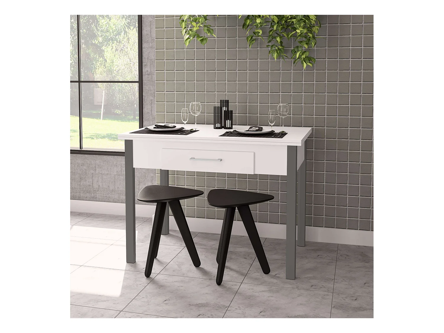 Table de cuisine Sendai 4 places, 2 tiroirs, blanc/gris, 110x75x70 cm