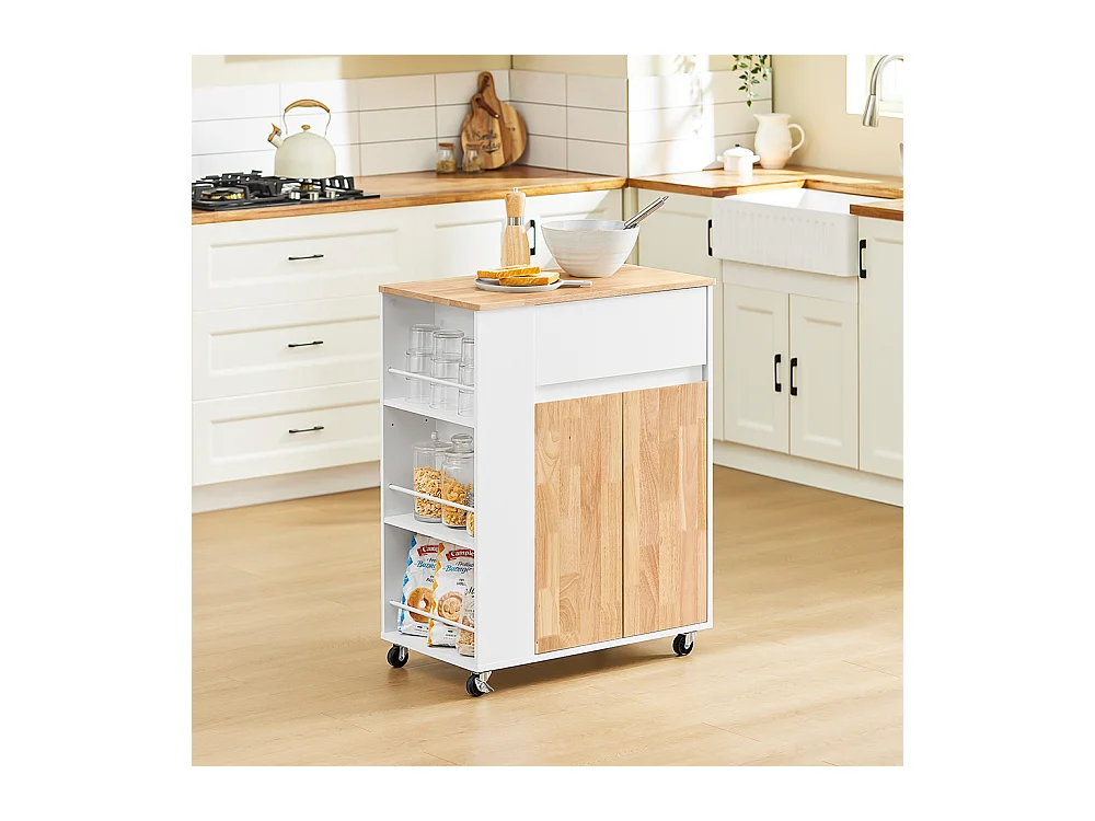 SoBuy Chariot de cuisine îlot avec plan de travail en hévéa, tiroirs, blanc