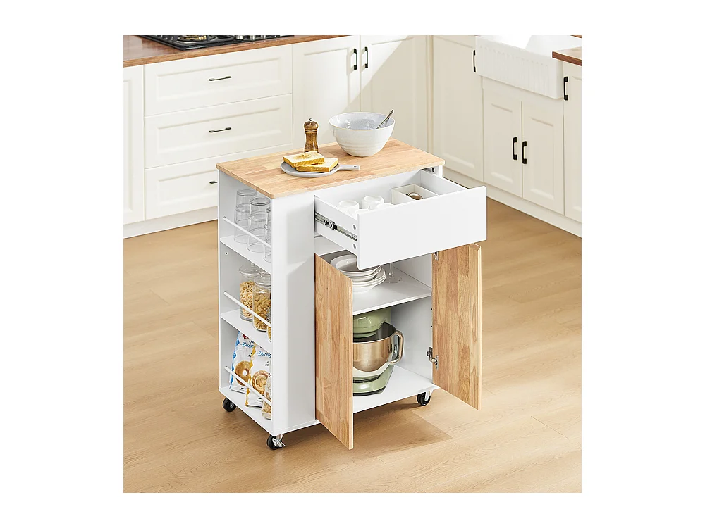 SoBuy Chariot de cuisine îlot avec plan de travail en hévéa, tiroirs, blanc