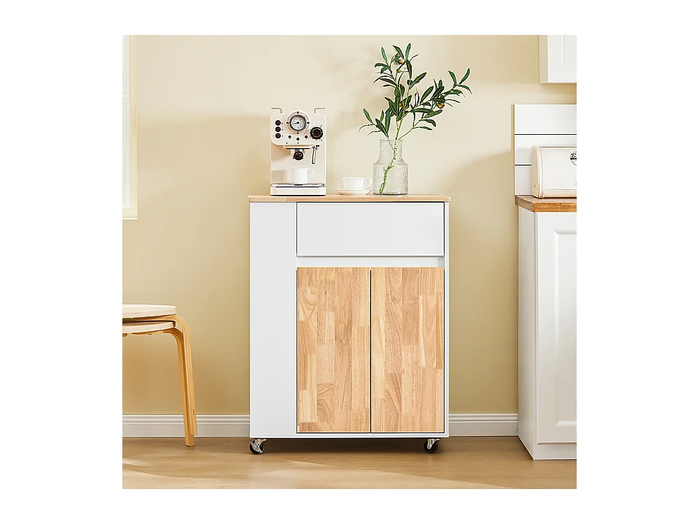 SoBuy Chariot de cuisine îlot avec plan de travail en hévéa, tiroirs, blanc