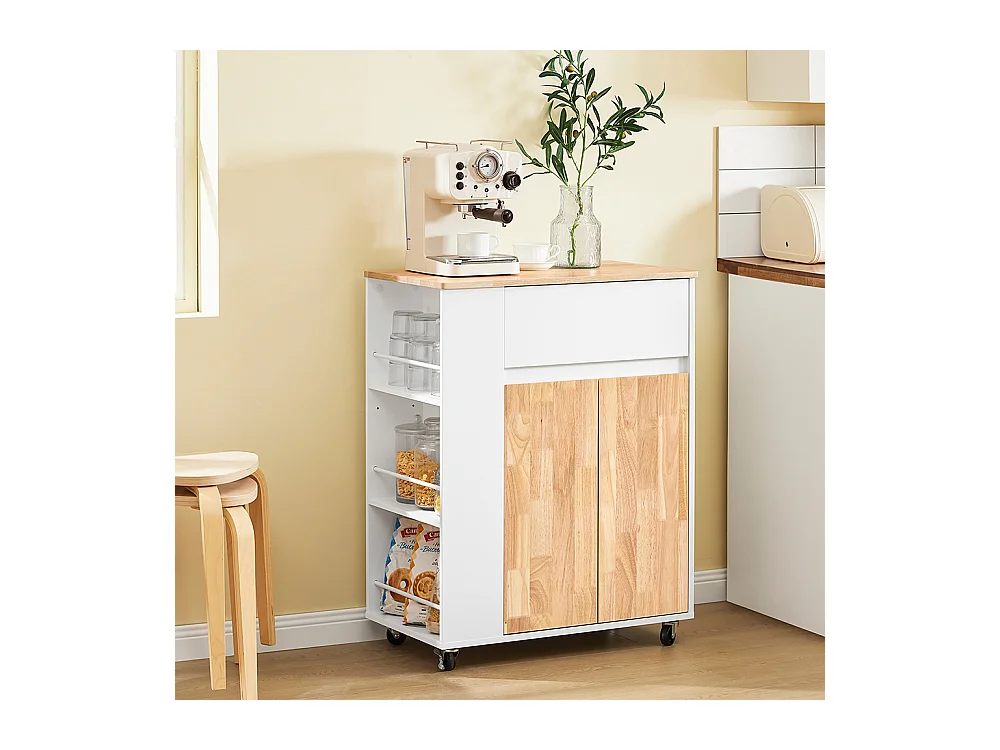 SoBuy Chariot de cuisine îlot avec plan de travail en hévéa, tiroirs, blanc