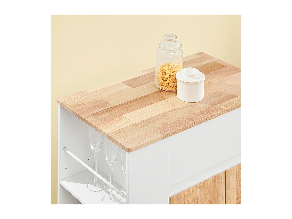 SoBuy Chariot de cuisine îlot avec plan de travail en hévéa, tiroirs, blanc