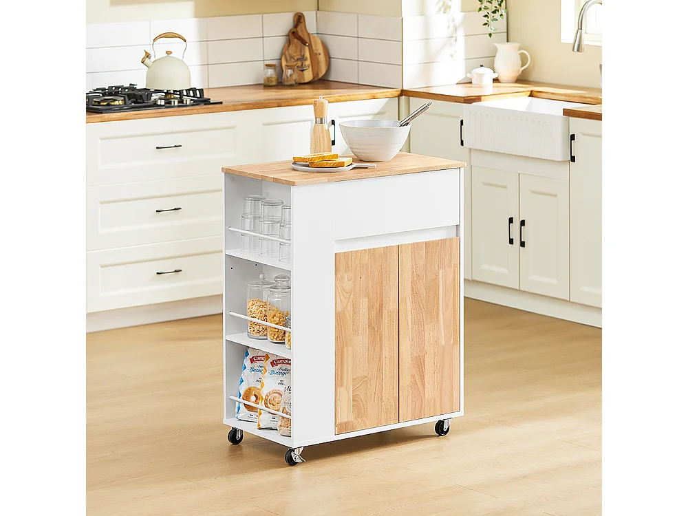 SoBuy Chariot de cuisine îlot avec plan de travail en hévéa, tiroirs, blanc