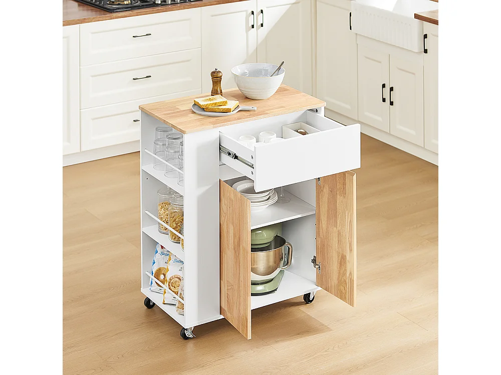 SoBuy Chariot de cuisine îlot avec plan de travail en hévéa, tiroirs, blanc