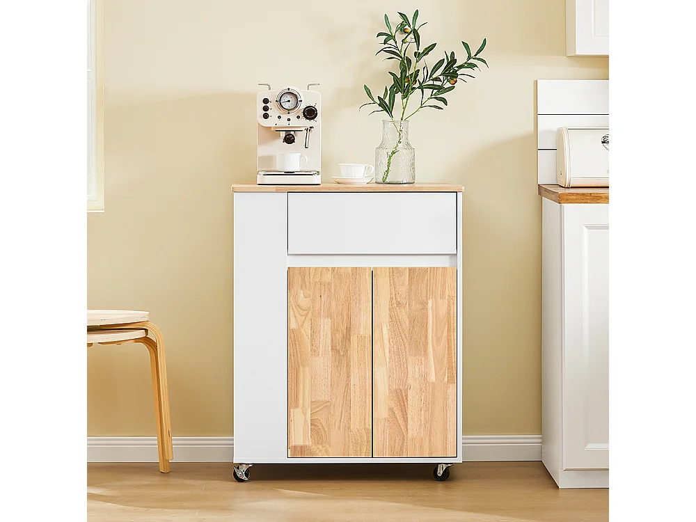 SoBuy Chariot de cuisine îlot avec plan de travail en hévéa, tiroirs, blanc