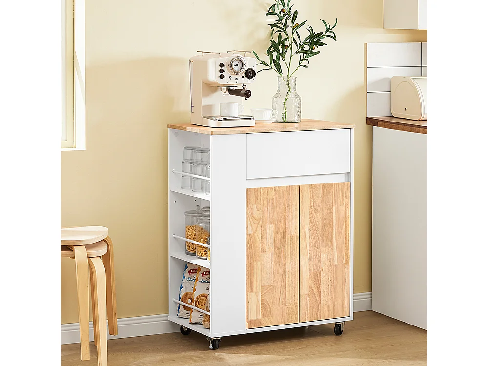 SoBuy Chariot de cuisine îlot avec plan de travail en hévéa, tiroirs, blanc