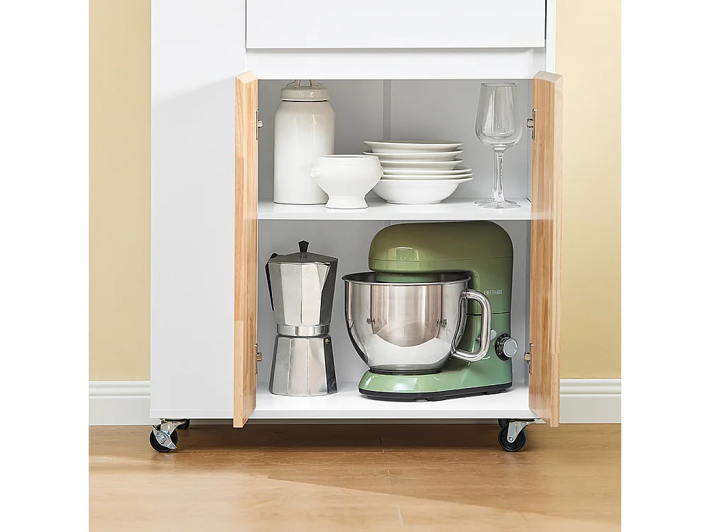 SoBuy Chariot de cuisine îlot avec plan de travail en hévéa, tiroirs, blanc