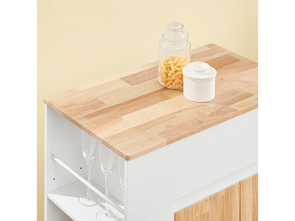 SoBuy Chariot de cuisine îlot avec plan de travail en hévéa, tiroirs, blanc