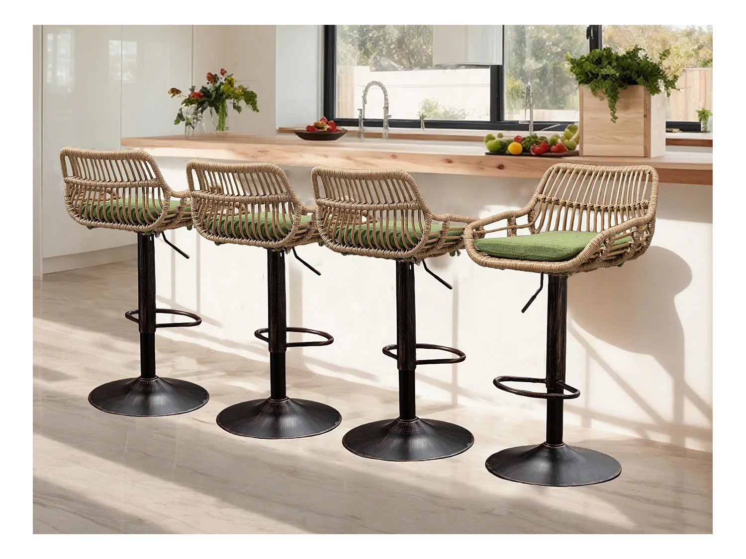 Lot de 4 Tabourets de Bar – Assise en Lin Vert – Base Métallique Marron – Design en Rotin – Confort Optimal