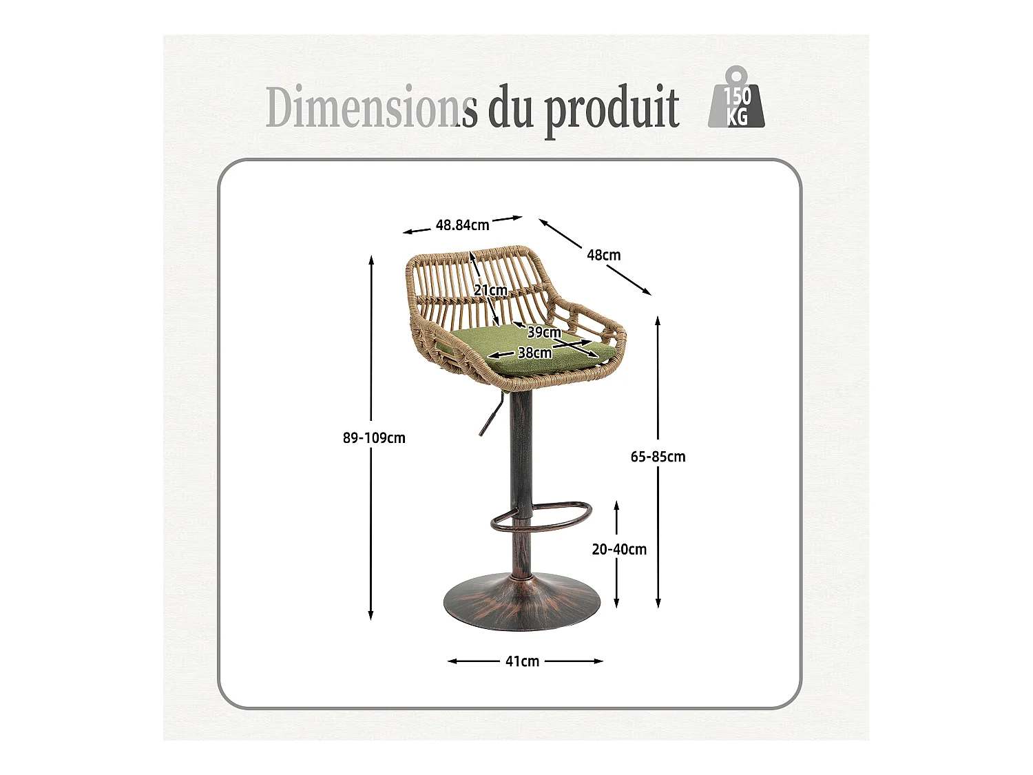 Lot de 4 Tabourets de Bar – Assise en Lin Vert – Base Métallique Marron – Design en Rotin – Confort Optimal