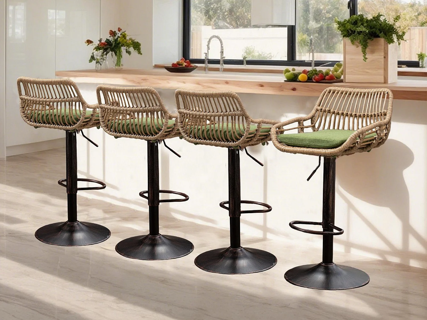 Lot de 4 Tabourets de Bar – Assise en Lin Vert – Base Métallique Marron – Design en Rotin – Confort Optimal
