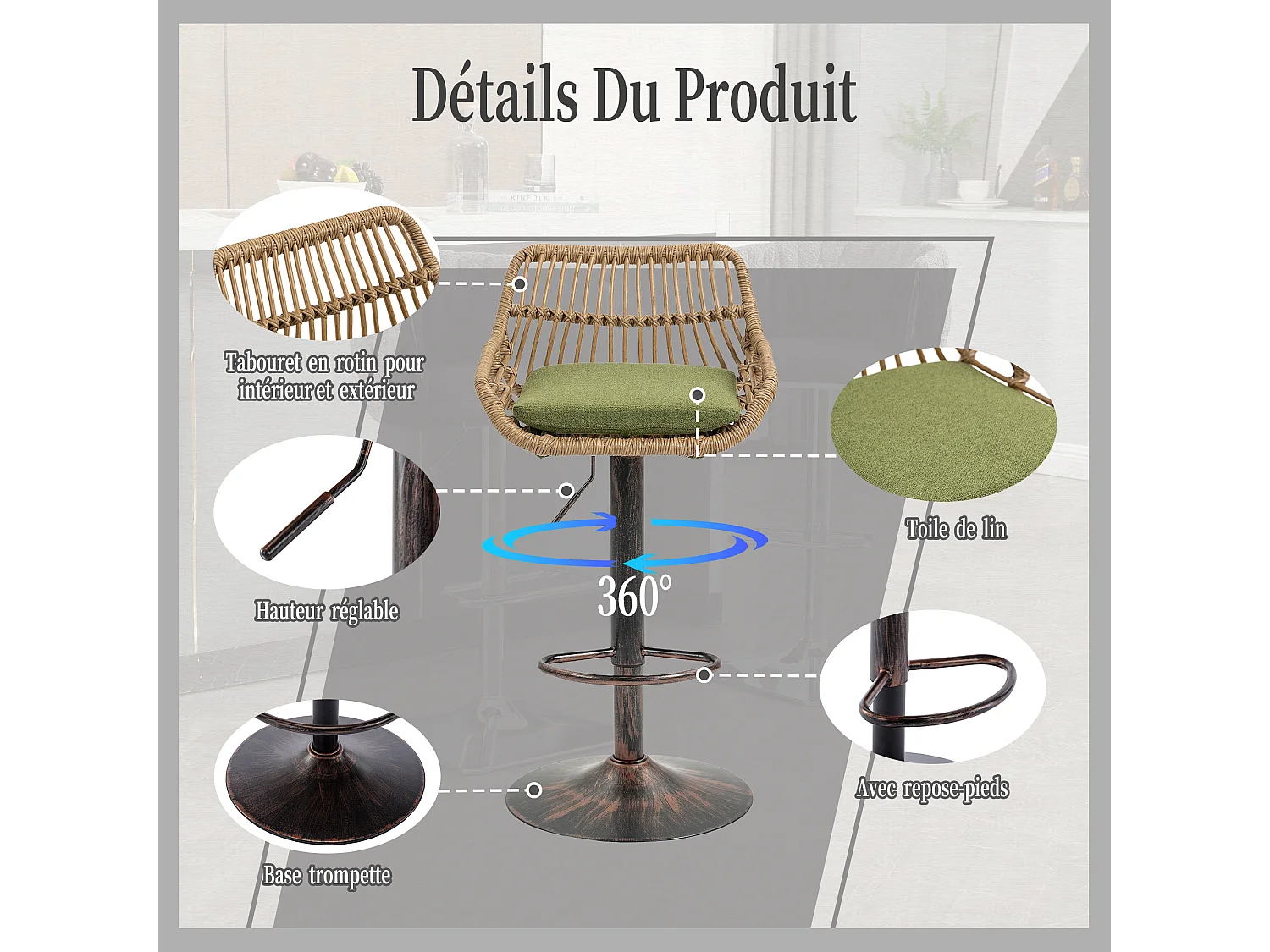 Lot de 4 Tabourets de Bar – Assise en Lin Vert – Base Métallique Marron – Design en Rotin – Confort Optimal