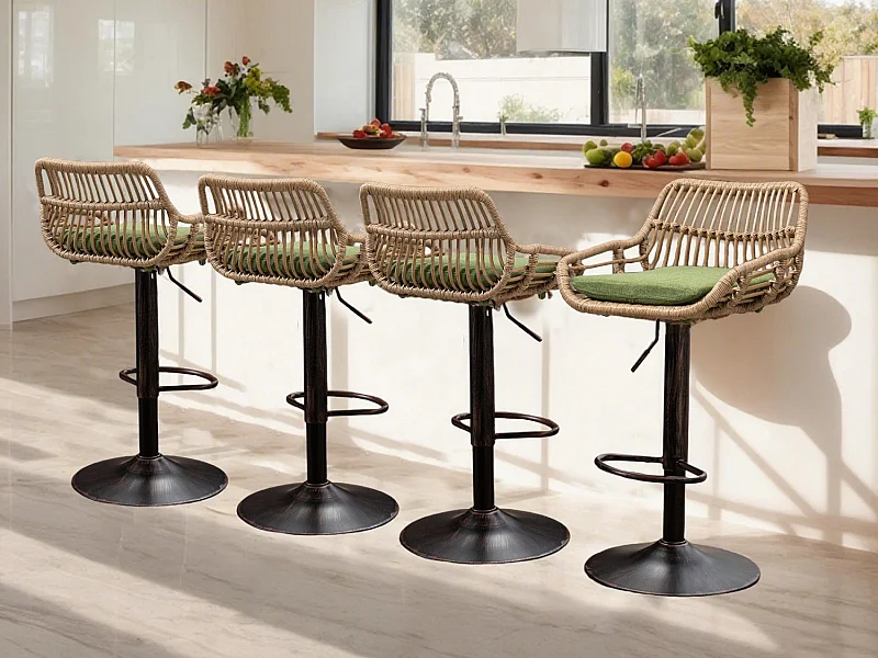 Lot de 4 Tabourets de Bar – Assise en Lin Vert – Base Métallique Marron – Design en Rotin – Confort Optimal