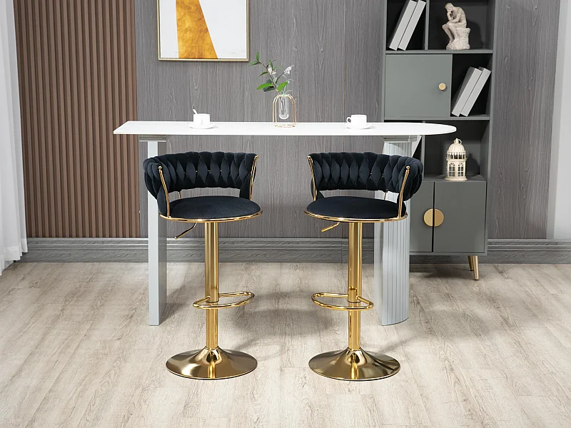 Set van 4 barkrukken – Geweven zitting – Gouden poten – Verstelbare hoogte – 360° draaibaar – Ideaal voor keuken en bar