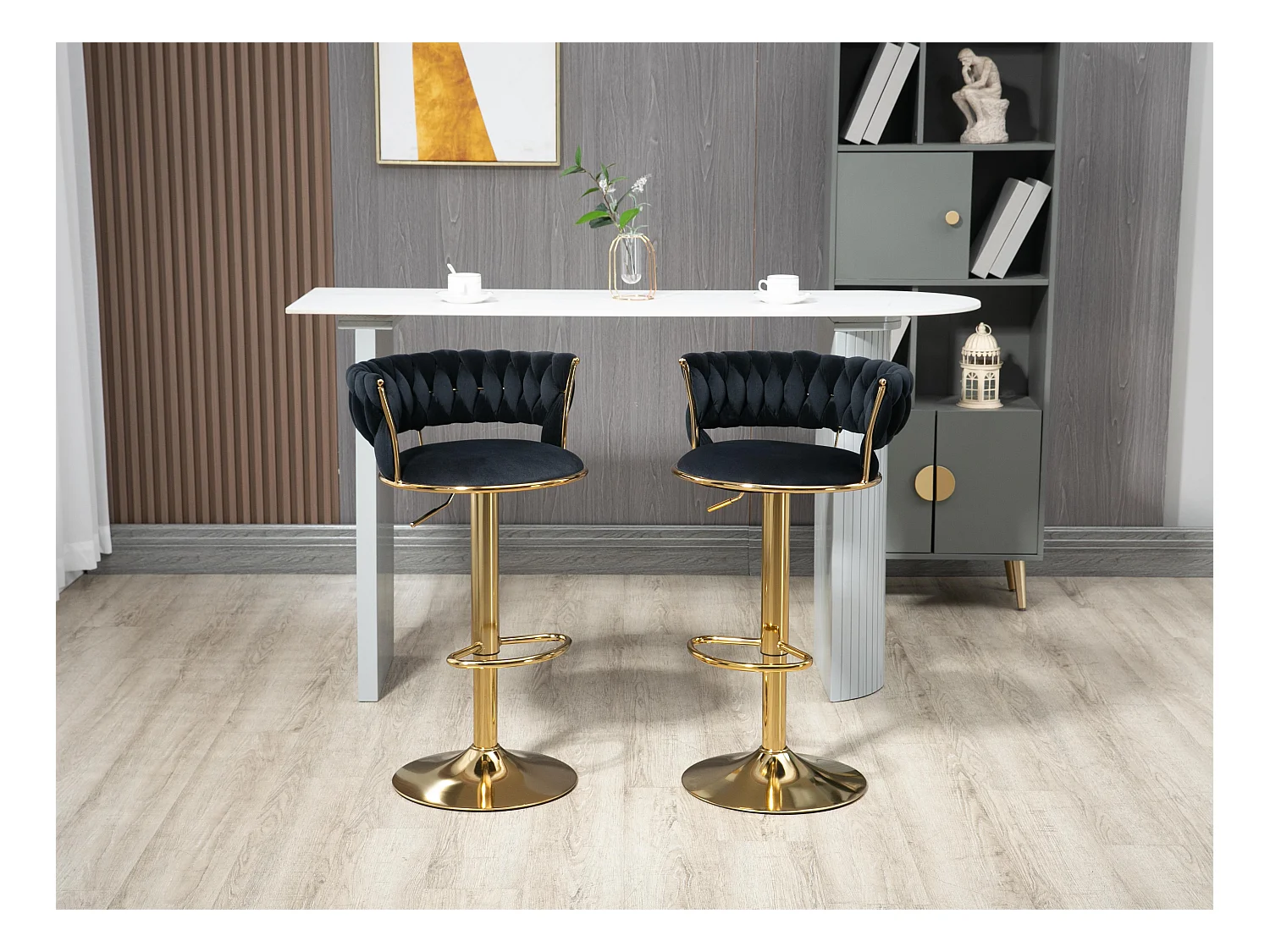 Lot de 4 Tabourets de Bar – Assise Tissée Noire – Pieds Dorés – Hauteur Réglable – 360° Rotatifs – Idéal pour Cuisine et Bar