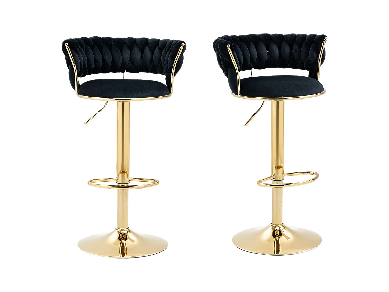 Lot de 4 Tabourets de Bar – Assise Tissée Noire – Pieds Dorés – Hauteur Réglable – 360° Rotatifs – Idéal pour Cuisine et Bar