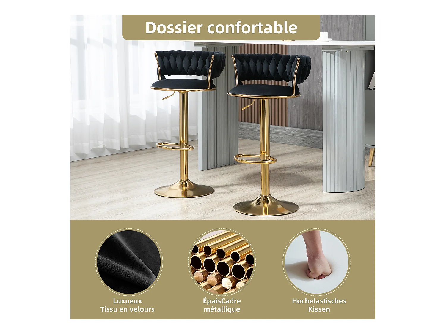 Lot de 4 Tabourets de Bar – Assise Tissée Noire – Pieds Dorés – Hauteur Réglable – 360° Rotatifs – Idéal pour Cuisine et Bar