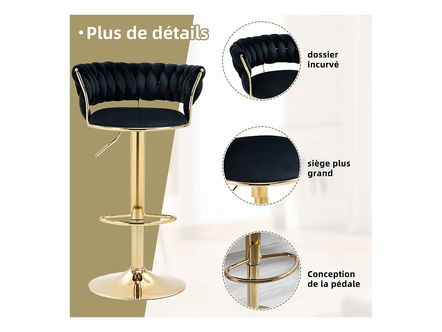 Lot de 4 Tabourets de Bar – Assise Tissée Noire – Pieds Dorés – Hauteur Réglable – 360° Rotatifs – Idéal pour Cuisine et Bar