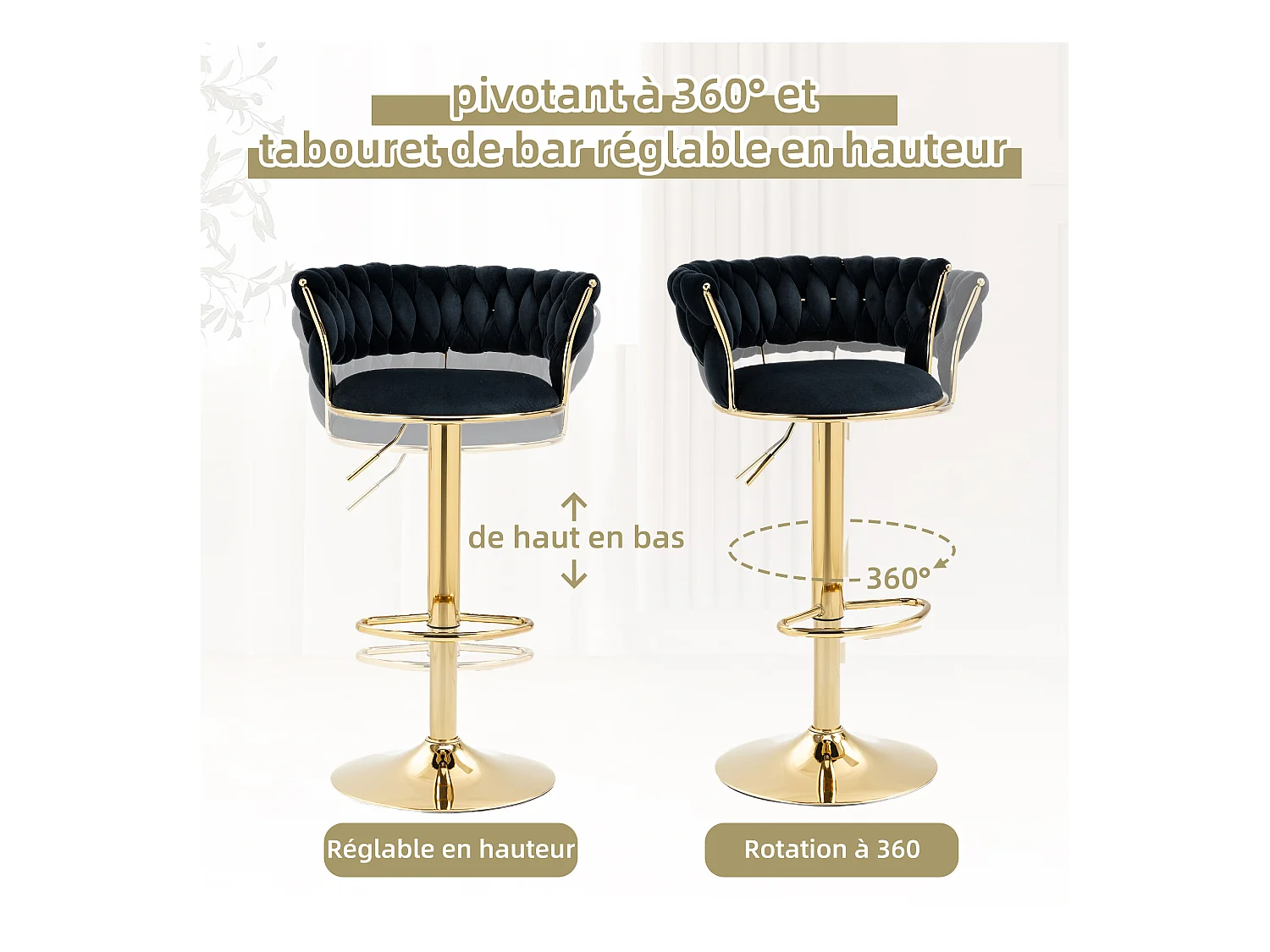 Lot de 4 Tabourets de Bar – Assise Tissée Noire – Pieds Dorés – Hauteur Réglable – 360° Rotatifs – Idéal pour Cuisine et Bar
