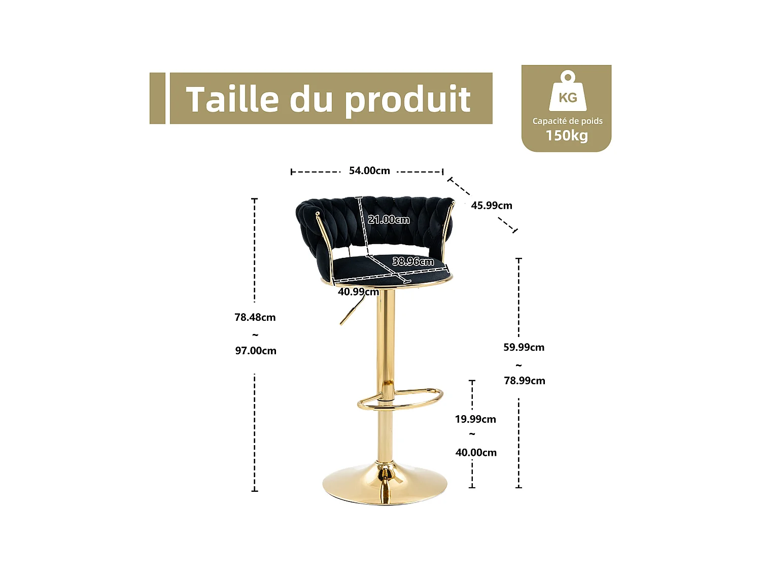 Lot de 4 Tabourets de Bar – Assise Tissée Noire – Pieds Dorés – Hauteur Réglable – 360° Rotatifs – Idéal pour Cuisine et Bar