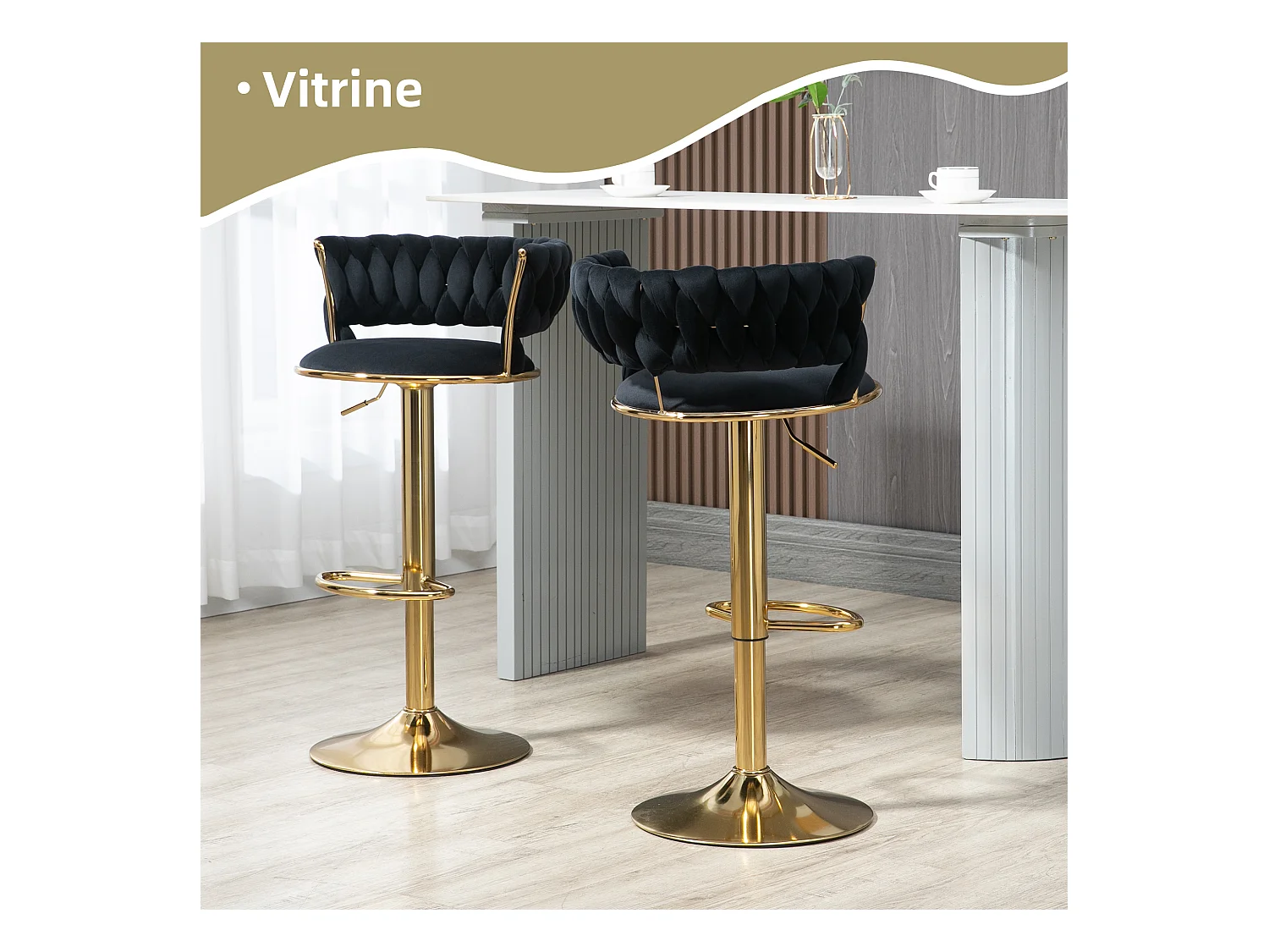 Lot de 4 Tabourets de Bar – Assise Tissée Noire – Pieds Dorés – Hauteur Réglable – 360° Rotatifs – Idéal pour Cuisine et Bar