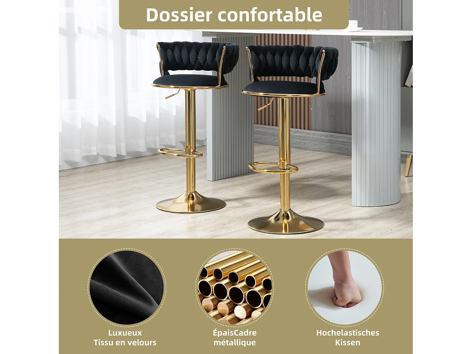 Lot de 4 Tabourets de Bar – Assise Tissée Noire – Pieds Dorés – Hauteur Réglable – 360° Rotatifs – Idéal pour Cuisine et Bar