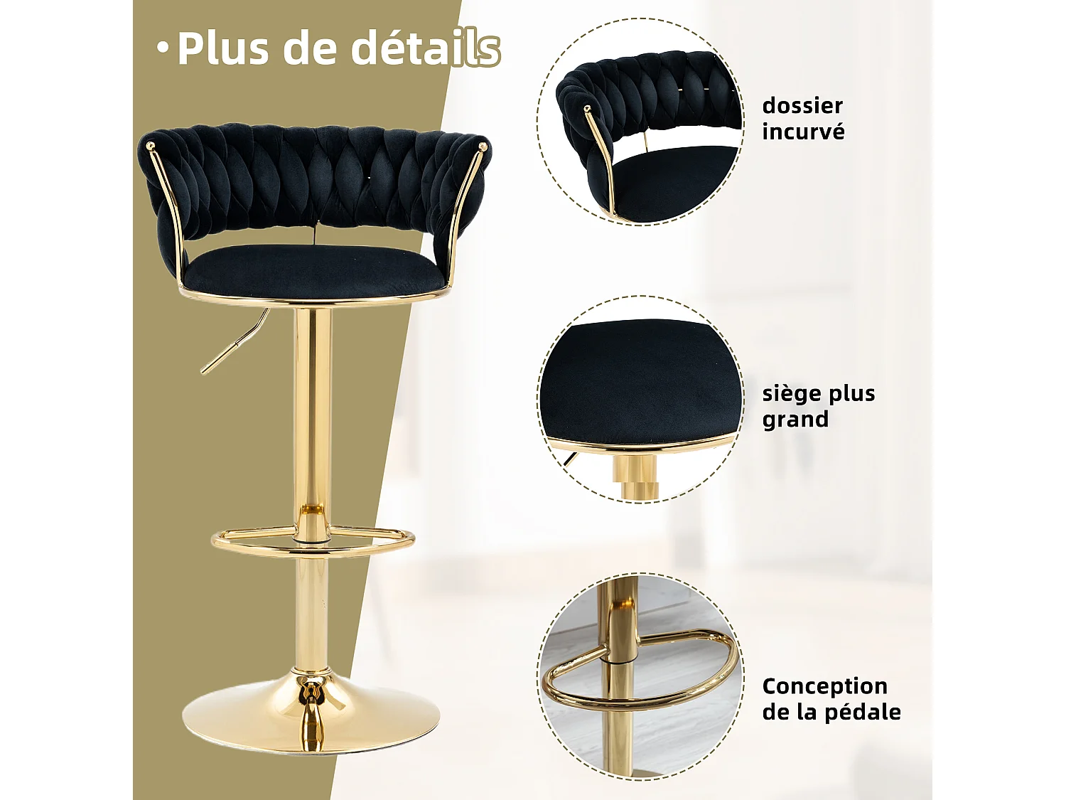 Lot de 4 Tabourets de Bar – Assise Tissée Noire – Pieds Dorés – Hauteur Réglable – 360° Rotatifs – Idéal pour Cuisine et Bar